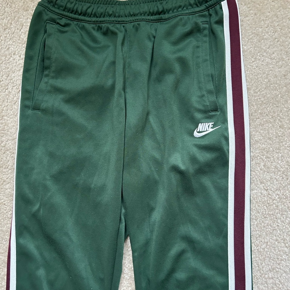 Nike men’s Forest Green Joggers with Maroon Stripes